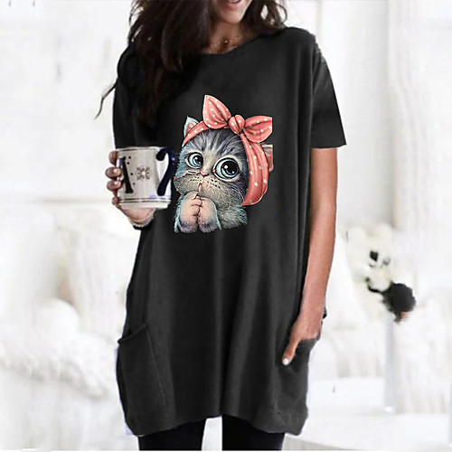 

Women's T shirt Dress Cat Graphic 3D Round Neck Tops Basic Basic Top Black Wine Army Green