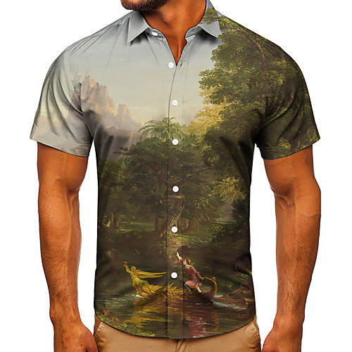 

Men's Shirt 3D Print Graphic Prints Forest Button-Down Short Sleeve Street Tops Casual Fashion Classic Breathable Green