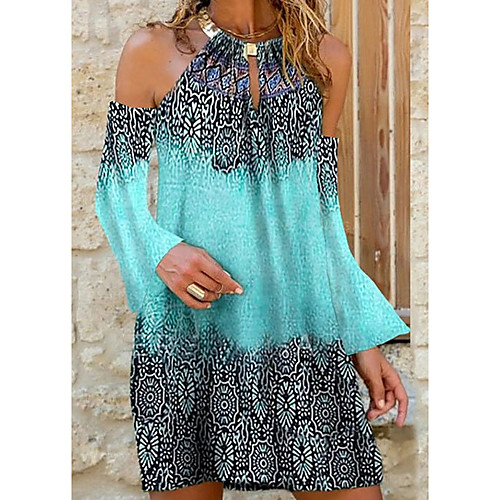 

Women's A Line Dress Short Mini Dress Dusty Blue Black Red Light Blue Long Sleeve Floral Print Print Spring Halter Neck Elegant Casual 2021 S M L XL XXL 3XL