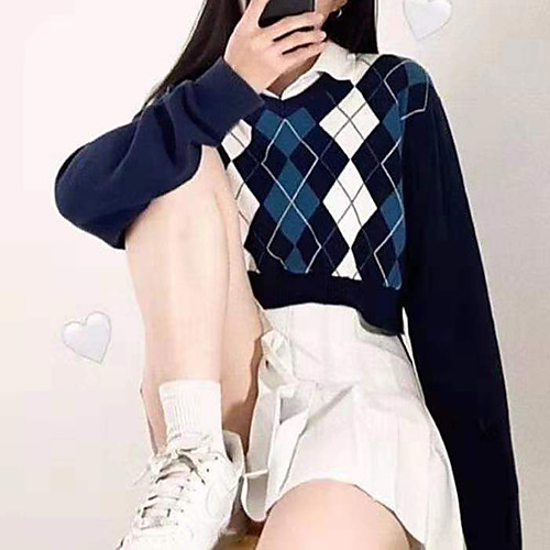 

Women's Fur Trim Color Block Geometric Sweater Long Sleeve Sweater Cardigans V Neck Fall Spring Blue