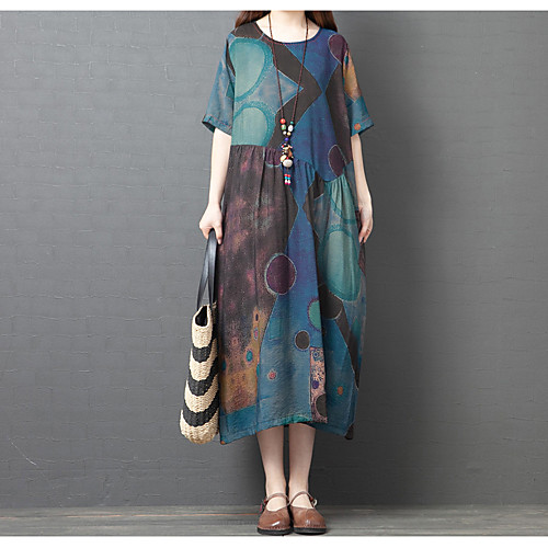 

plus size dress 2021 summer new cotton and linen women's printed literary short-sleeved loose belly cotton and linen dress