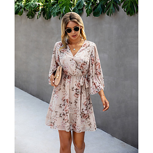 

Women's A Line Dress Knee Length Dress Brick red Black Apricot Dark Blue Long Sleeve Print Spring Summer Casual / Daily 2021 S M L XL