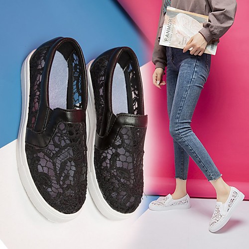 

Women's Flats Slip-on Sneakers Round Toe PU Lace Solid Colored White Black