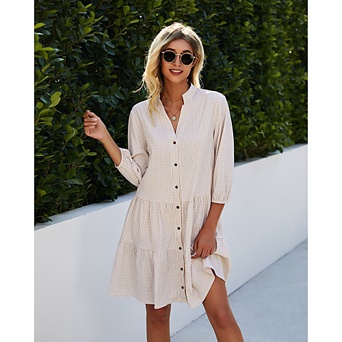 

Women's Shirt Dress Knee Length Dress Blue Apricot Long Sleeve Print Spring Summer 2021 S M L XL