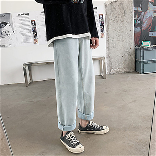

Men's Chino Jeans Pants Solid Color Ankle-Length Light Blue