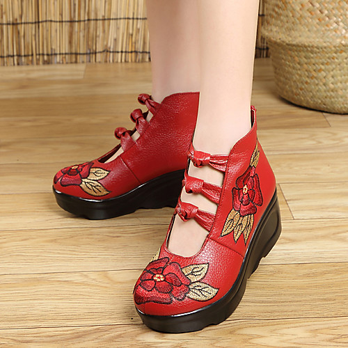 

Women's Sneakers High Heel Round Toe Nappa Leather Floral Black Light Red