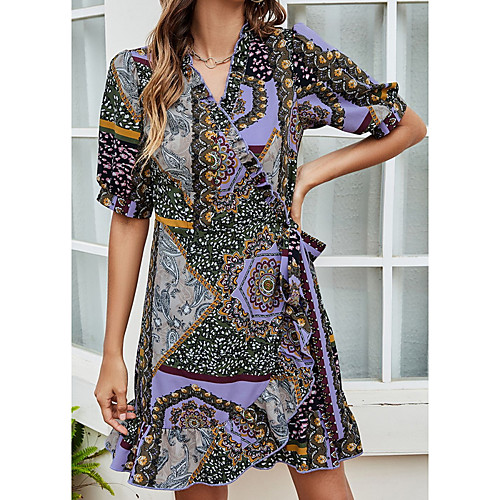 

Women's A Line Dress Knee Length Dress Purple Half Sleeve Print Lace up Patchwork Spring Summer V Neck Casual 2021 S M L XL