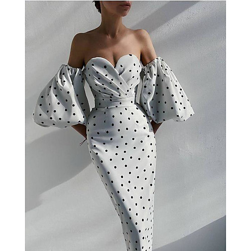 

Women's Sheath Dress Midi Dress White Black Red Half Sleeve Polka Dot Zipper Patchwork Print Summer Strapless Elegant Vintage Sexy Party Holiday Beach Puff Sleeve 2021 S M L XL