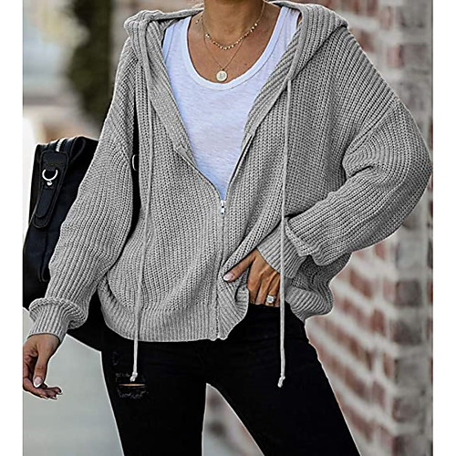 

Women's Casual Oversized Zipper Knitted Solid Color Cardigan Sweater Long Sleeve Sweater Cardigans Hooded Open Front Fall Winter Gray White Black Work Loose