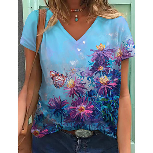 

Women's Floral Theme T shirt Floral Graphic Print V Neck Tops Basic Basic Top Blue