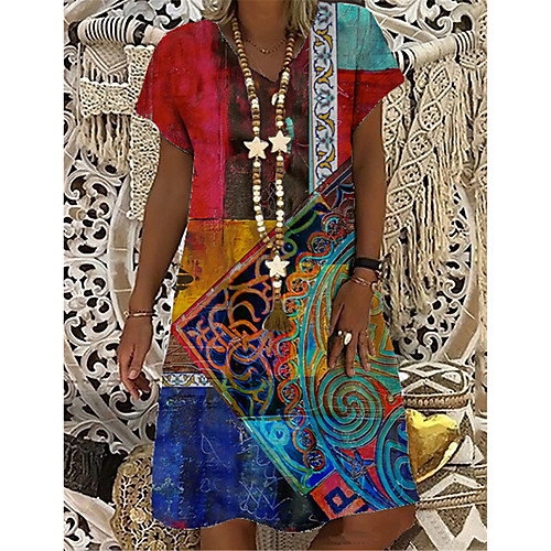 

Women's T Shirt Dress Tee Dress Knee Length Dress Red Short Sleeve Color Block Abstract Print Spring Summer V Neck Casual Holiday 2021 S M L XL XXL 3XL