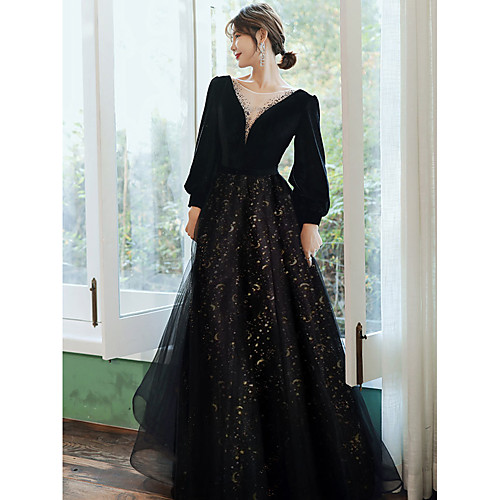 

A-Line Sparkle Elegant Prom Formal Evening Dress V Neck Long Sleeve Floor Length Lace Satin Tulle with Crystals Sequin 2021