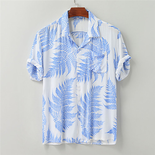 

Men's Shirt Leaves Button-Down Short Sleeve Casual Tops Cotton Casual Fashion Hawaiian Comfortable White Blue Red