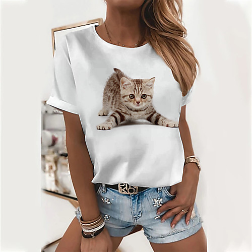 

Women's 3D Cat T shirt Cat 3D Animal Print Round Neck Basic Tops Yellow Brown