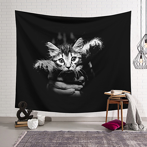 

Wall Tapestry Art Decor Blanket Curtain Hanging Home Bedroom Living Room Decoration Polyester Black and White Hand Holding Cat