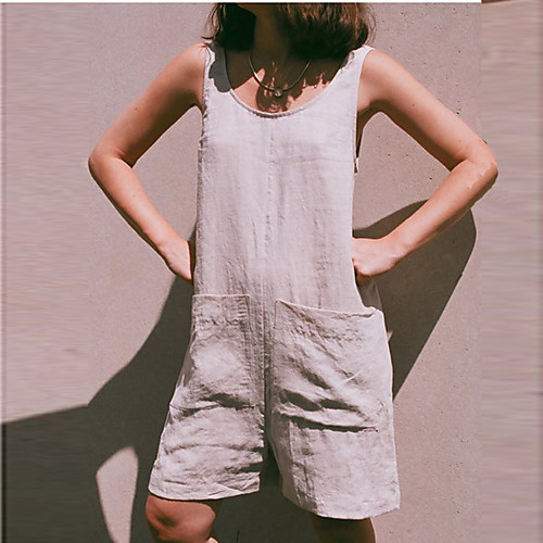 

european and american cross-border wish ebay summer new style women's pocket solid color cotton and linen strap button jumpsuit