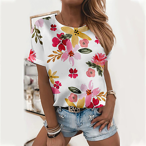 

Women's Floral Theme Painting T shirt Floral Flower Print Round Neck Basic Tops White Purple Green