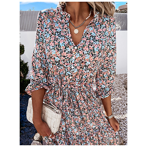 

Women's A Line Dress Knee Length Dress Blue Blushing Pink Red Long Sleeve Floral Print Ruched Print Spring Summer V Neck Holiday Casual / Daily 2021 S M L XL