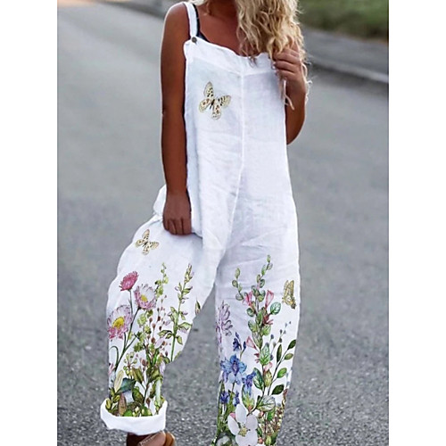 

Women's Ordinary School Casual Daily Strap Floral White Jumpsuit Floral Print Cotton