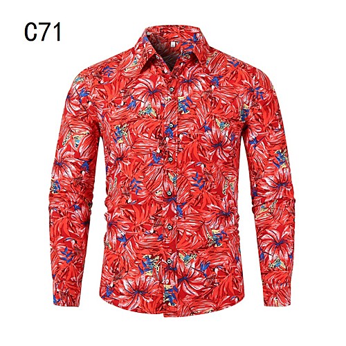 

Men's Shirt Other Prints Bird Leaves Long Sleeve Casual Tops Chinoiserie Red