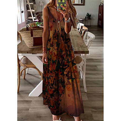 

Women's A Line Dress Maxi long Dress Brown Sleeveless Butterfly Animal Print Spring Summer V Neck Casual Holiday 2021 S M L XL XXL 3XL