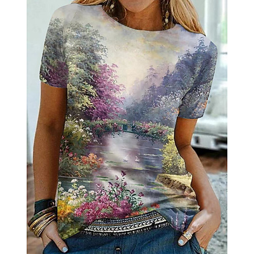 

Women's Floral Theme Painting T shirt Floral Scenery Print Round Neck Basic Tops Gray