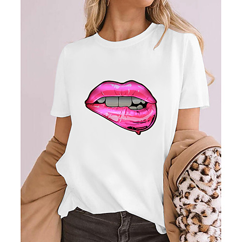 

Women's 3D Printed T shirt Graphic Mouth Print Round Neck Tops 100% Cotton Basic Basic Top White Black Khaki