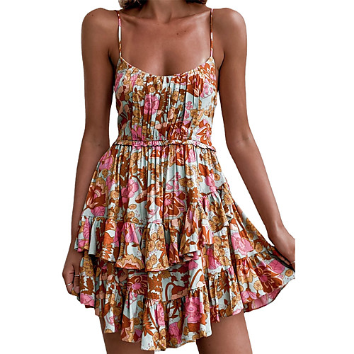 

Women's Strap Dress Short Mini Dress Brown Sleeveless Floral Print Spring Summer Boat Neck Casual Sexy Holiday 2021 S M L XL