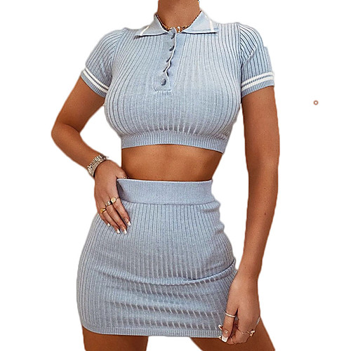 

Women's Solid Color Sweater Co-ords Short Sleeve Sweater Cardigans Round Neck Blue