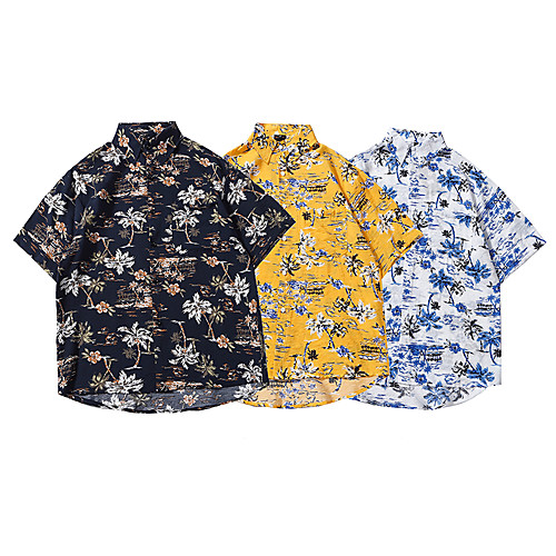 

Men's Shirt Other Prints Plants Graphic Tropical Button-Down Print Short Sleeve Casual Tops 100% Cotton Basic Hawaiian Distressed Black Blue Yellow