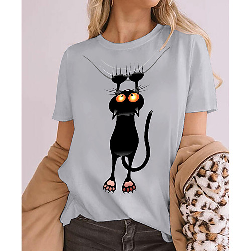 

Women's Cat 3D Cat T shirt Cat Animal Print Round Neck Basic Tops 100% Cotton Wine Light gray Dark Gray