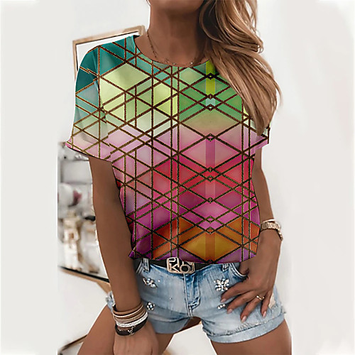 

Women's Geometric T shirt Color Block Geometric Print Round Neck Basic Tops Green