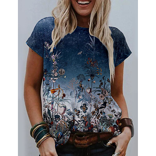 

Women's Floral Theme Painting T shirt Floral Flower Print Round Neck Basic Tops Blue