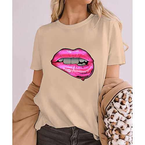 

Women's 3D Printed T shirt Graphic 3D Mouth Print Round Neck Tops 100% Cotton Basic Basic Top Blushing Pink Green Brown