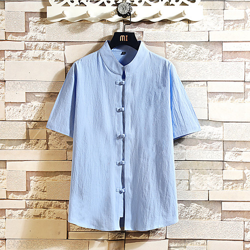 

Men's Shirt non-printing Solid Colored Plus Size Short Sleeve Casual Tops Cotton Simple Lightweight Chinese Style Comfortable Khaki White Black / Stand Collar