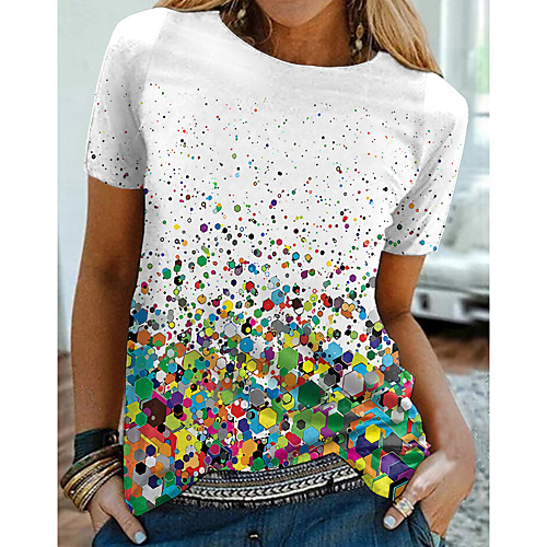 

Women's Geometric T shirt Graphic Print Round Neck Basic Tops White