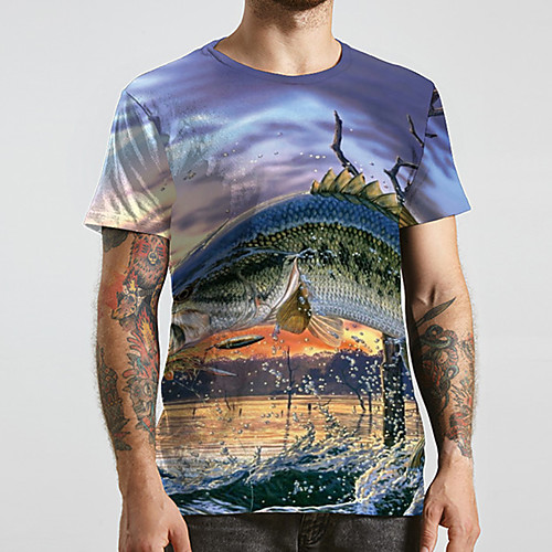 

Men's Unisex Tee T shirt 3D Print Graphic Prints Fish Plus Size Print Short Sleeve Casual Tops Basic Designer Big and Tall Blue