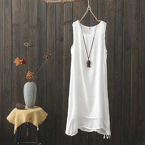 

Women's A Line Dress Knee Length Dress White Sleeveless Solid Color Summer Casual 2021 One-Size / Cotton / Cotton