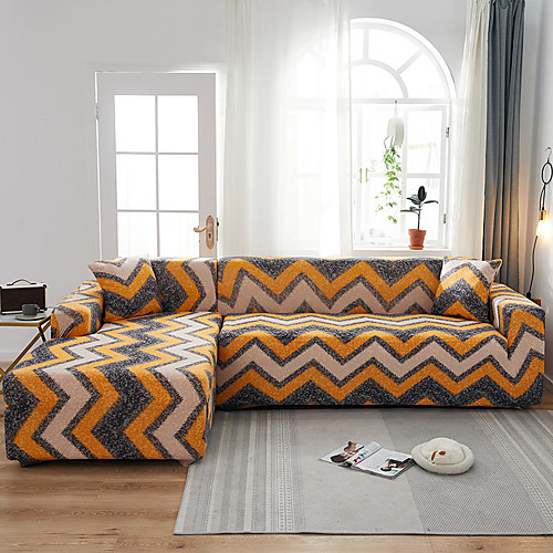 

Orange Wave Stripes Print Dustproof All-powerful Slipcovers Stretch L Shape Sofa Cover Super Soft Fabric Couch Cover Sofa Furniture Protector with One Free Boster Case