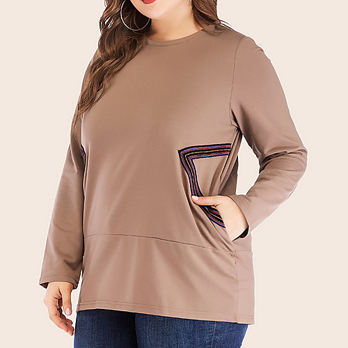 

Women's Plus Size Tops Blouse Color Block Long Sleeve Crewneck Gray khaki Big Size XL XXL 3XL 4XL
