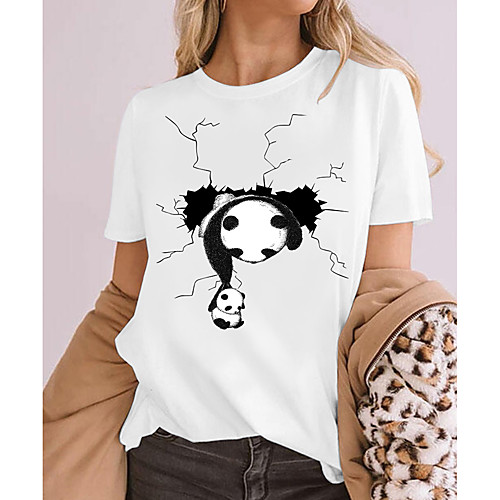 

Women's 3D Printed T shirt 3D Panda Animal Print Round Neck Tops 100% Cotton Basic Basic Top White Black Khaki