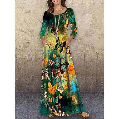 

Women's Shift Dress Maxi long Dress Green 3/4 Length Sleeve Floral Print Print Spring Summer Round Neck Casual Holiday 2021 S M L XL XXL 3XL