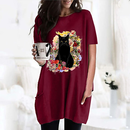 

Women's T shirt Dress Cat Graphic 3D Round Neck Tops Basic Basic Top Black Wine Army Green