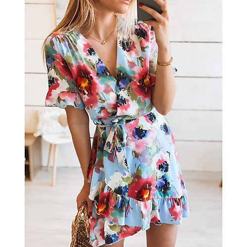 

Women's A Line Dress Short Mini Dress Blue Red Short Sleeve Print Flower Spring Summer Casual / Daily 2021 S M L XL XXL