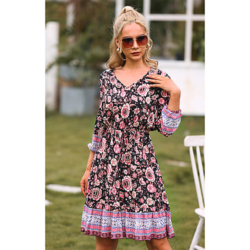 

Women's A Line Dress Knee Length Dress Purple Long Sleeve Print Spring Summer Casual / Daily 2021 M L XL 2XL 3XL / Cotton / Cotton