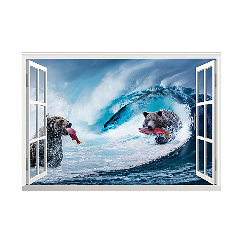 

3D Fake Window Bear Surf Home Children's Room Background Decoration Can Be Removed Stickers
