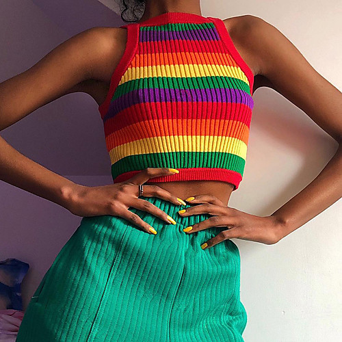 

european and american cross-border amazon hot models women's knitted rainbow vest ins net red one-piece hair top 1331