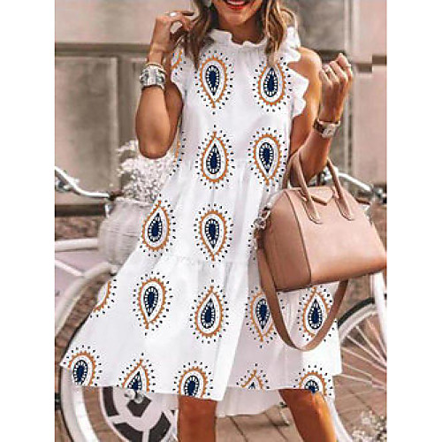 

Women's A Line Dress Knee Length Dress White Sleeveless Print Ruched Ruffle Print Spring Summer Round Neck Fashion Casual / Daily Holiday 2021 S M L XL XXL XXXL