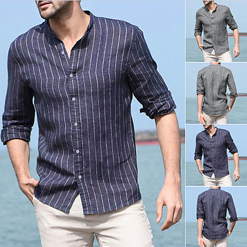 

Men's Shirt Striped Button-Down Long Sleeve Casual Tops Lightweight Casual Fashion Breathable Navy Blue Gray