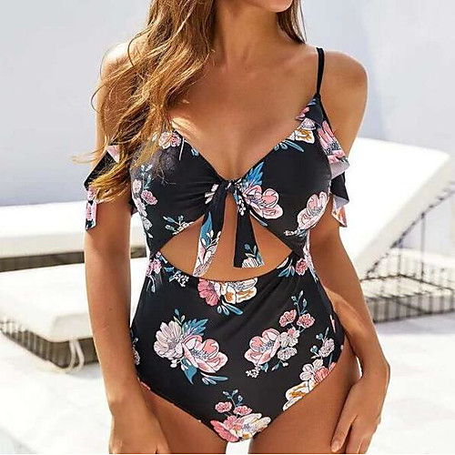 

Women's One Piece Monokini Swimsuit High Waist Open Back Print Floral Tropical Rainbow Swimwear Padded Strap Bathing Suits New Ethnic Bohemian / Vintage / Leaf / Cross